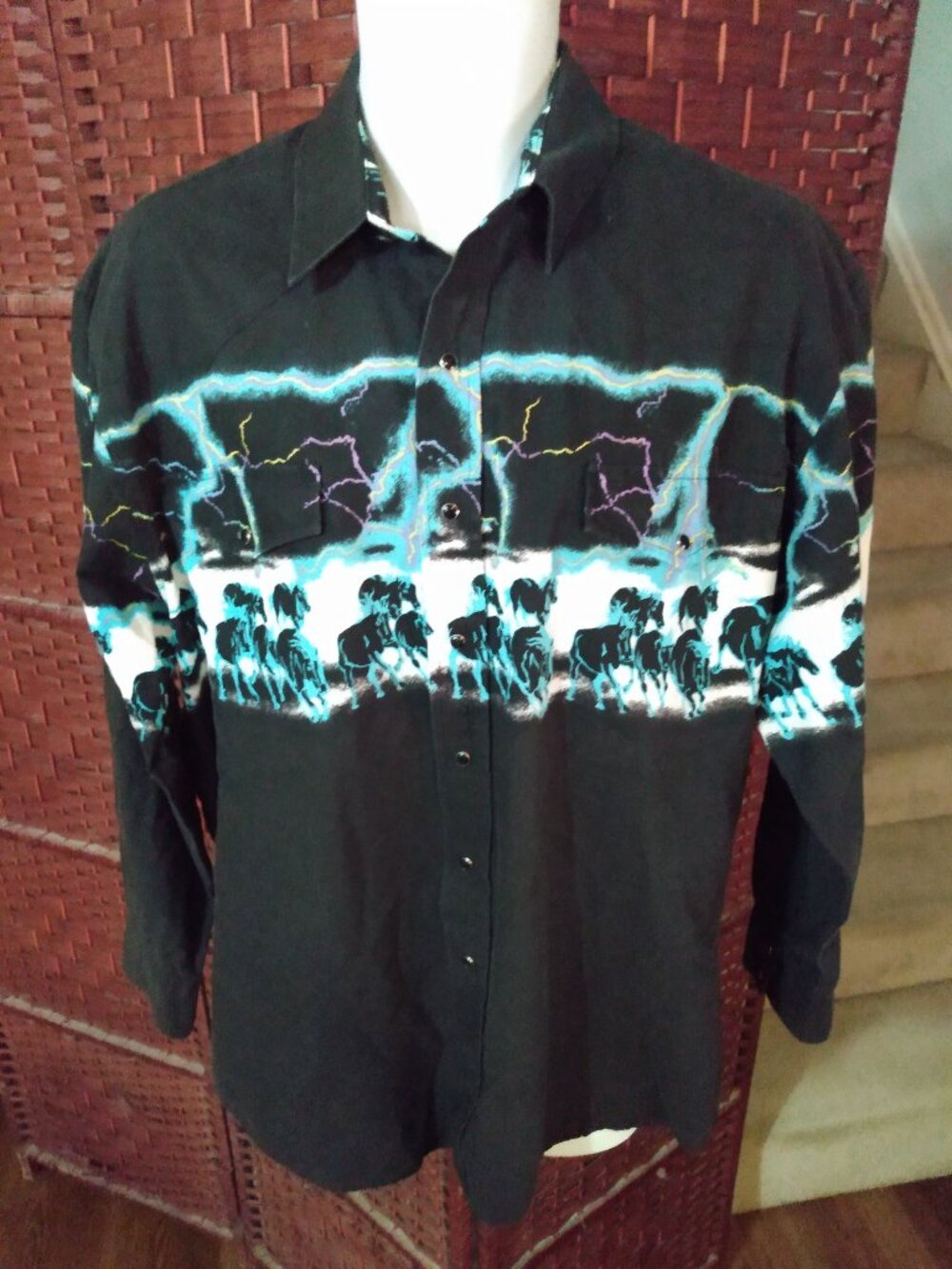 Vintage Roper Western Shirt Lightning Horses Storm Mens Large